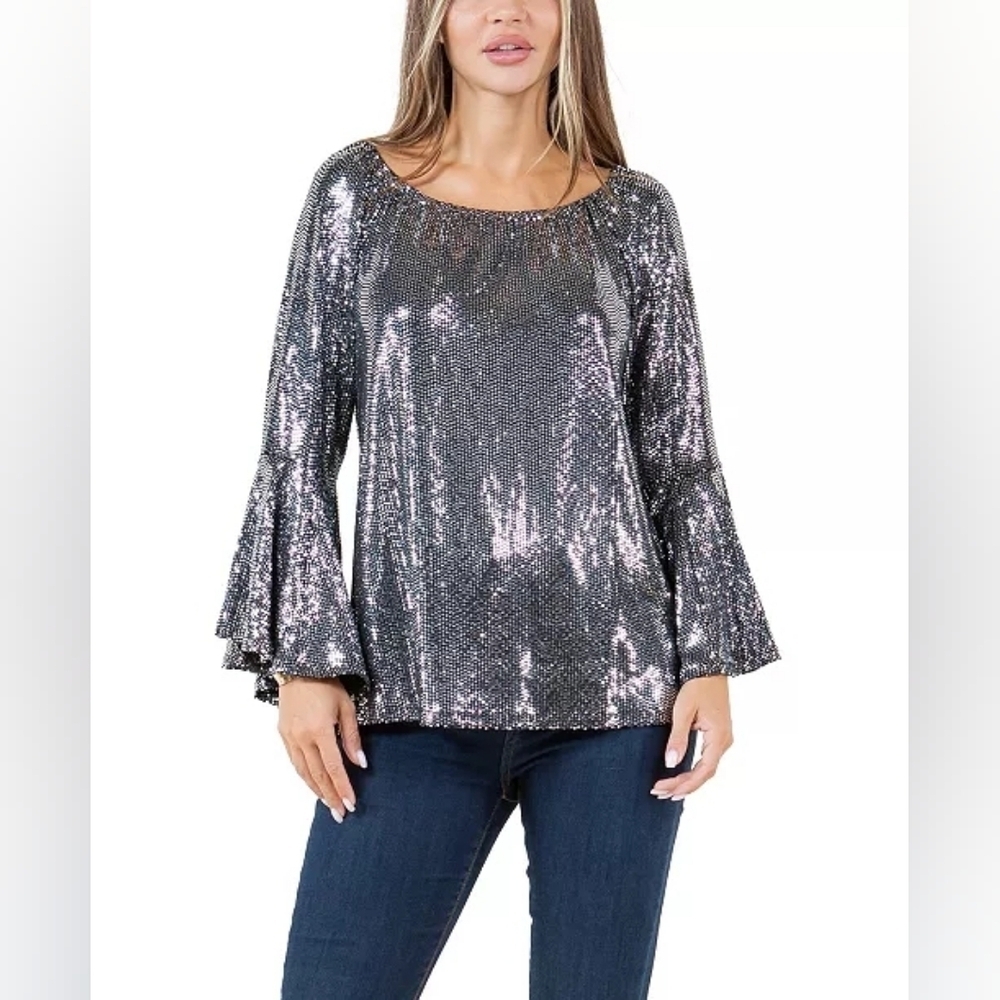 Fever Women's Glitter Dot Symphony Sleeve Top In Silver NWT